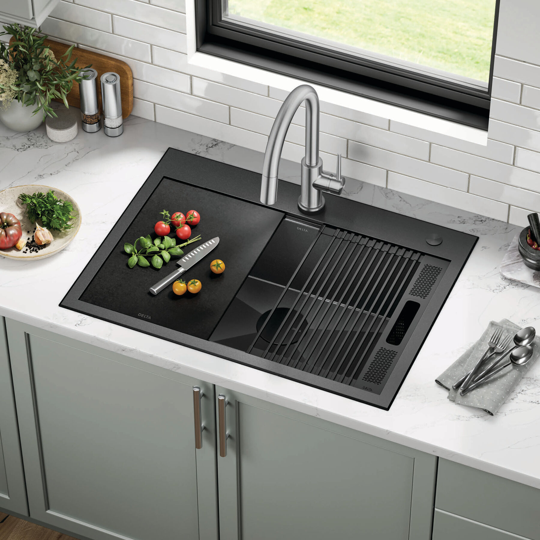 30” Drop-In Top Mount 16 Gauge Workstation Kitchen Sink Single Bowl with WorkFlow™ Ledge and Accessories, image 12